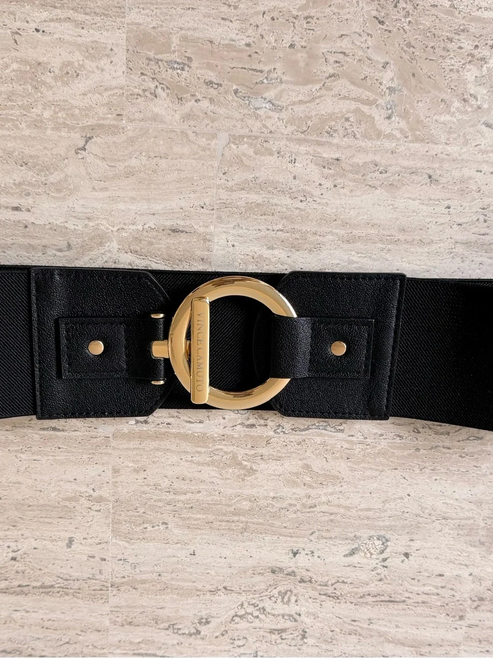 Vince Camuto Black Elastic Belt with Gold Ring Hardware
